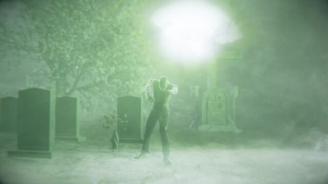 Zombie walking in green lit cemetary. High bitrate 4K animation.