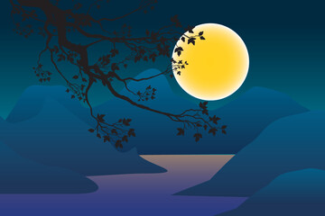 Abstract silhouette tree in night view of blue montain and full moon on blue sky with lake.