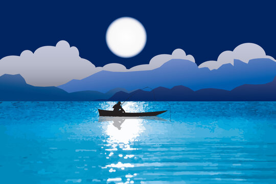 Abstract silhouette fishermen on the boat at the lake with blue montain and full moon on sky background.