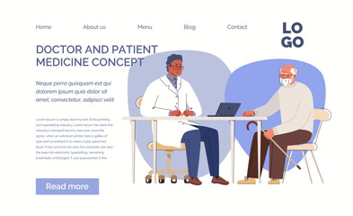Friendly doctor sees elderly, makes diagnoses, prescribes treatment, and keeps medical history on computer. Geriatric counseling. Template, landing page. Vector characters flat cartoon illustration. 