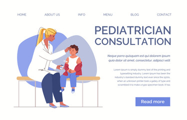 Cute child with cold symptoms visits doctor. Friendly physician helps sick boy with high fever. Vector flat cartoon illustration. Landing page template.