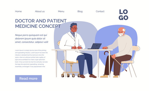 Friendly doctor sees elderly, makes diagnoses, prescribes treatment, and keeps medical history on computer. Geriatric counseling. Template, landing page. Vector characters flat cartoon illustration.
