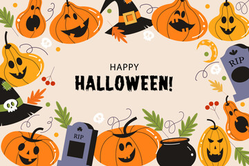 Happy Halloween vector poster, banner, invitation with orange scary and funny pumpkins. - 538819378