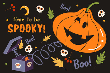 Happy Halloween vector poster, banner, invitation with orange scary and funny pumpkins. - 538819383