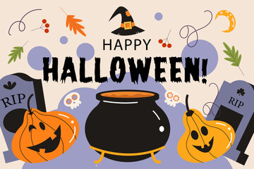 Happy Halloween vector poster, banner, invitation with orange scary and funny pumpkins. - 538819384