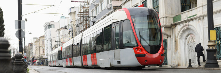 High speed modern tram train in city - obrazy, fototapety, plakaty