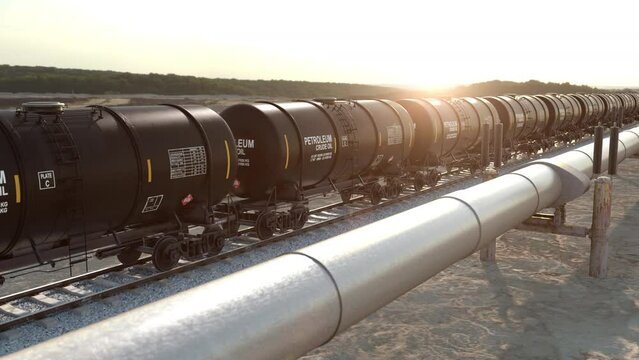 Natural gas transportation via gas main pipeline and fuel petroleum delivering in the oil cistern on the railroad. Freight train wagons with crude oil and tube pipeline fullish with gas, 3d render.