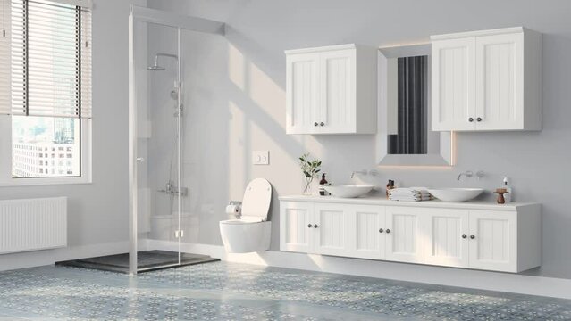 Modern Bathroom Interior With Shower, Toilet, Mirror And White Cabinets