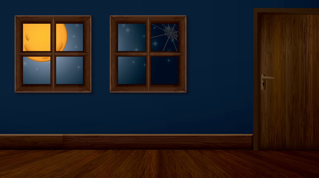 Halloween night in empty room can see moonlight and star through windows. Room with window at night.