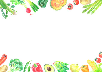 水彩で描いた色々な新鮮な野菜のイラストフレーム