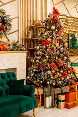 Fototapeta na wymiar Christmas tree with gifts and green sofa in the living room