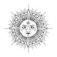 monochrome celestial sun with face logo design