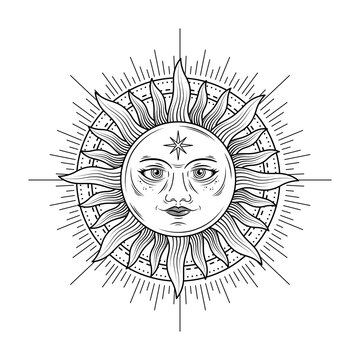 monochrome celestial sun with face logo design