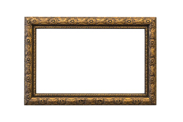 Antique wide wooden frame with patterned carved frames for paintings or photographs with gilding, highlighted on a white background. Blank for the designer.