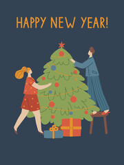 Vector flat style illustration. People decorate the Christmas tree. Postcard for the new year. A young couple are preparing for Christmas. The family decorates the Christmas tree.