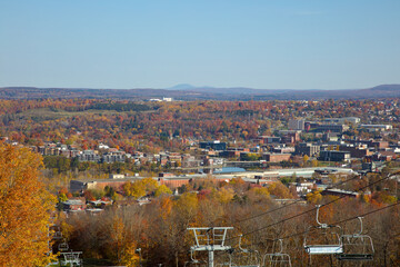 Sherbrooke qc Canada Mont-Bellevue chair lift mountain autumn small town cityscape french Quebec...
