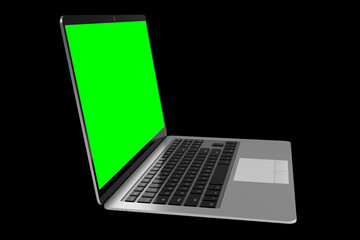 Modern laptop with empty green screen on black background - 3D illustration