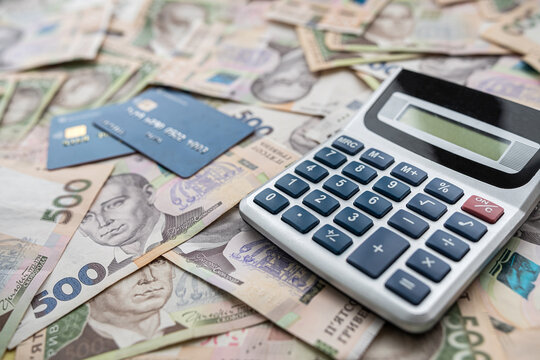 business money background ukraine money credit card and calculator