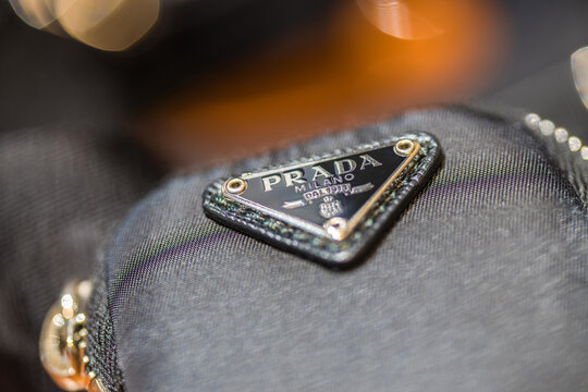 The logo is a close-up on the accessory of the Prada women's bag. Focusing with a small depth of field. 