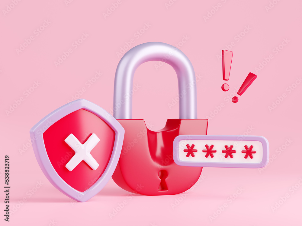 Poster concept of security warning, wrong password or login error with red padlock, shield with cross sign 