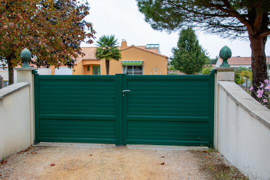 door green steel high gate aluminum portal of home suburbs house in street view