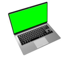 Modern laptop with green screen isolated on transparent background - 3D illustration