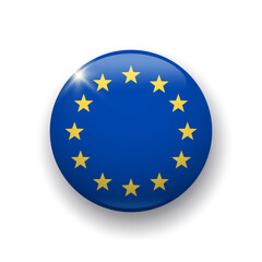Realistic glossy button with Europe Union flag. 3d vector element with shadow underneath. Best for mobile apps, UI and web design.