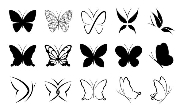 Butterflies icons collection. Black vector elements on white background. Best for seamless patterns, polygraphy, logo creating, mobile apps and web design.