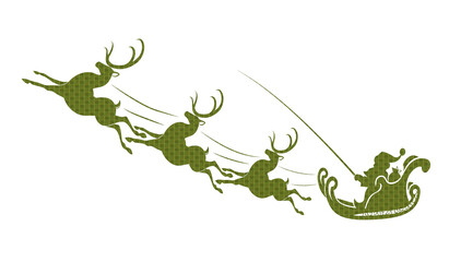 Element for Christmas design.Textured silhouette of Santa Claus on a sleigh with deer in green shade.