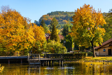 Fototapeta na wymiar City park and lake with colorful fall trees leaf mosaic in historic old town quarter of Andrychow with Beskidy Mountains in background in Lesser Poland
