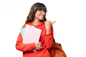 Young student caucasian woman over isolated background pointing to the side to present a product