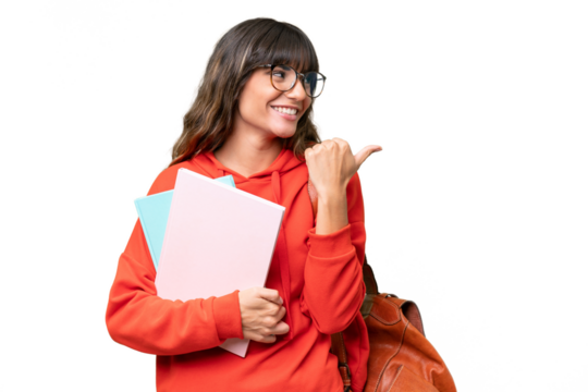 Young student caucasian woman over isolated background pointing to the side to present a product