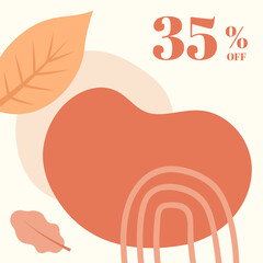 Fall Sale. Vector square banner for social media ad in earth colors abstract shapes and autumn leaves illustration 