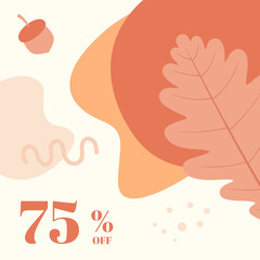 Fall Sale. Vector square banner for social media ad in earth colors abstract shapes and autumn leaves illustration 
