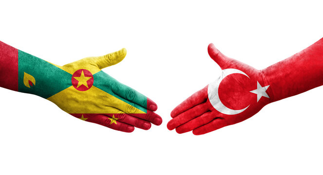 Handshake between Grenada and Turkey flags painted on hands, isolated transparent image.