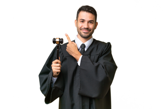 Judge caucasian man over isolated background pointing to the side to present a product