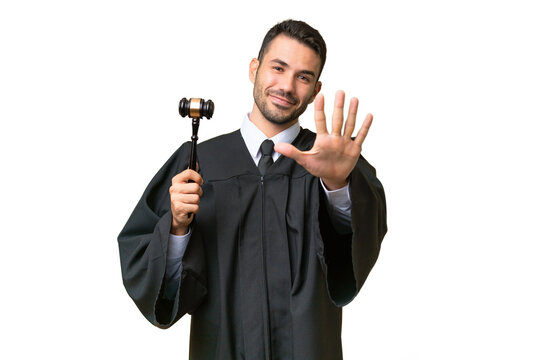 Judge caucasian man over isolated background counting five with fingers