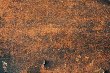 Wooden texture. Brown background. Aged board. Grunge dark cork desk with scratched surface and damages copy space for text logo.