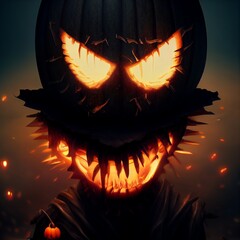 Creepy burning Jack-o-lantern pumpkin head. Halloween Glowing fire flame head - 538825523