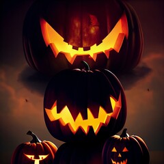 Creepy burning Jack-o-lantern pumpkin head. Halloween Glowing fire flame head - 538825537
