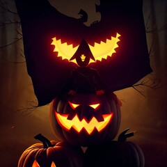 Creepy burning Jack-o-lantern pumpkin head. Halloween Glowing fire flame head - 538825561
