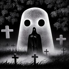 Black and white illustration. Huge white hungry ghost, spooky graveyard. Horror