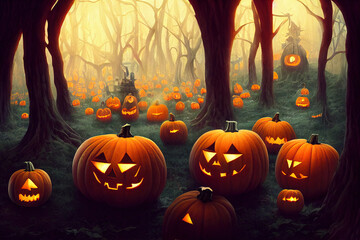 Halloween scene on orange background