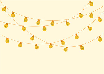Modern design template with yellow garland on light background for decorative design. Festive background. Holiday concept. Lighting electric lamp. Vector background.