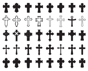 Black silhouettes of different crosses on a white background	