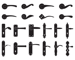 Black silhouettes of doorknobs and handles of the door on a white background	
