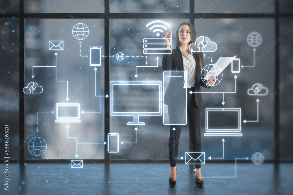 Poster businesswoman using creative glowing computer cloud network hologram on blurry office with city view