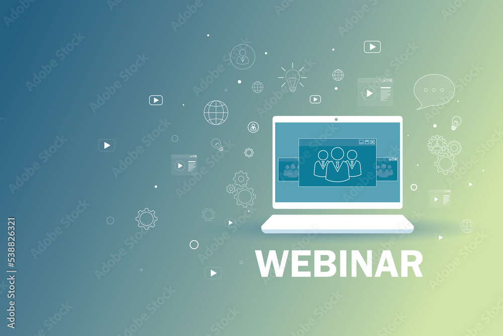 Poster online seminar concept with webinar sign under white graphic laptop screen with user icons on light 