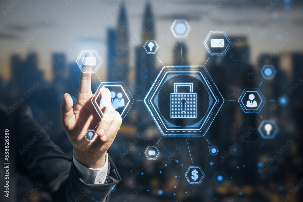 Aufkleber close up of male hand using abstract glowing padlock hologram on blurry city background. secure web 