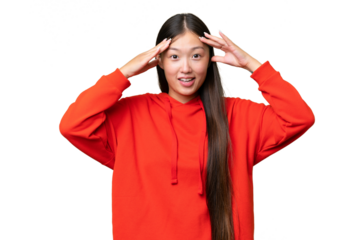 Young Asian woman over isolated background covering mouth with hand